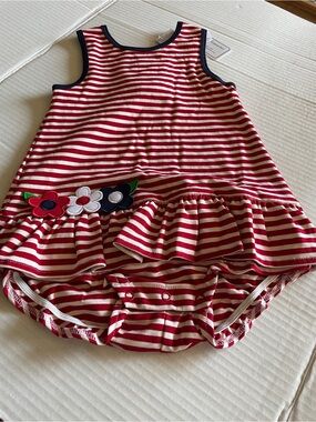 Florence Eiseman NWT Red & White Striped Baby Dress Romper with Floral Applique